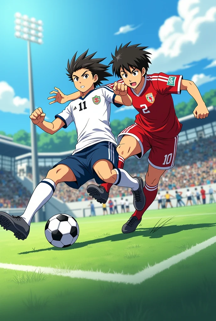 Initial draft:
Isagi Yoichi: Draw Isagi in an attacking pose, with an expression of concentration and determination. He may be preparing for a dribble or shot..
Rin Itoshi: Draw Rin in a defensive pose, with a focused and aggressive expression, perhaps preparing to block or intercept the play.
Character Details:
Add the characters' typical uniforms. Isagi usually wears a shirt with the marking "11" and Rin with the "10".
Include details like hair, shoes and distinctive features.
Countryside Environment:
Show the football pitch with details like marking lines, a soccer ball and the goal in the background.
Consider adding an audience in the background to add more realism..
Visual effects:
Use motion lines to show action and speed.
Add shadows and lighting to give depth and emphasis to character actions.
Finishing:
Revise the drawing to correct details and improve the composition.
Add colors and textures to finish the image.