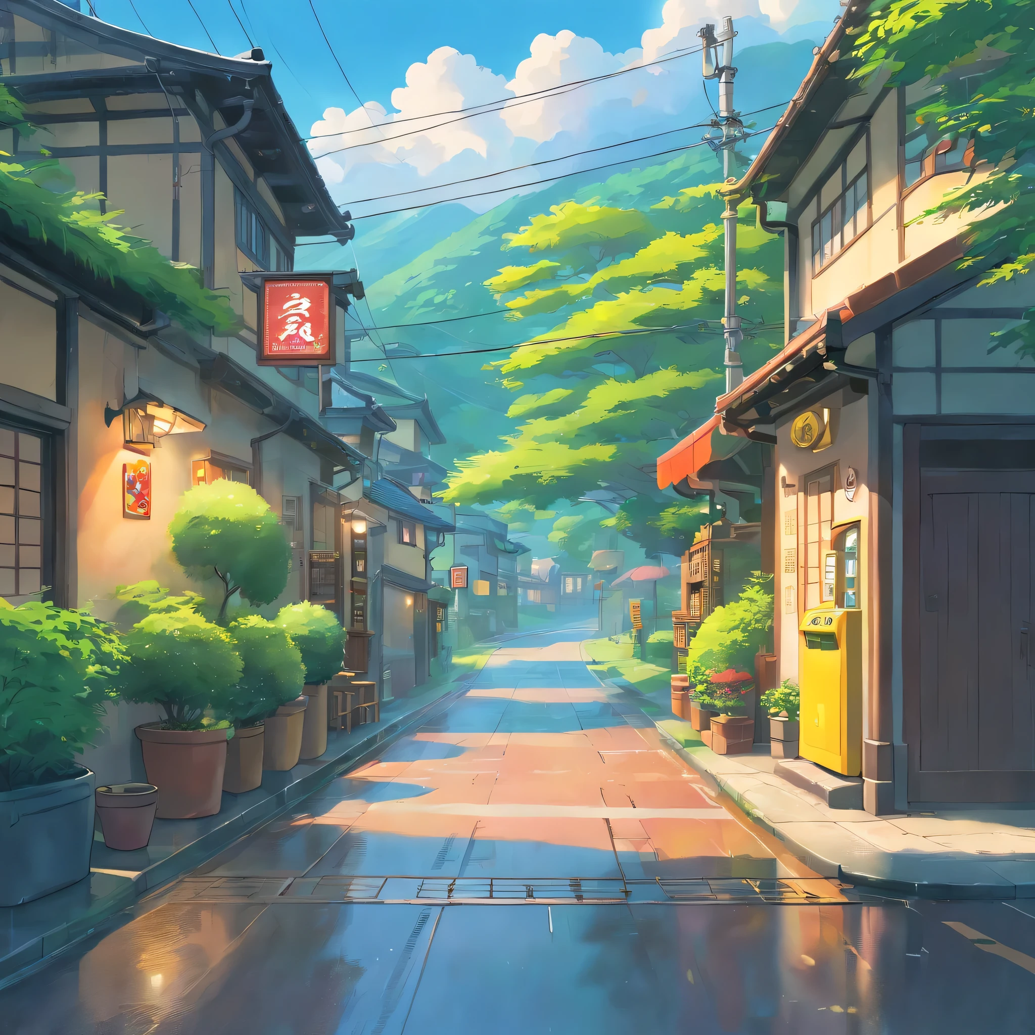 in the rain、high resolution、Cloudy、Photorealistic Stick、Calm down、vending machine、Japan townscape、Electric pole、A little bit of nature、Paved roads、Emotional、Countryside view、panorama、Wide angle、scenery、rain、garden、Public phone、post、ズームアウト✕2