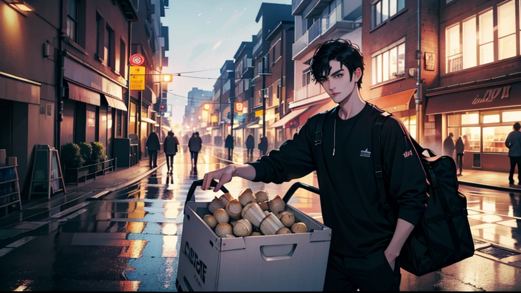 1 person : 1.3, Short black hair: 1.2, Casual wear: 1.2, Daytime: 1.2, on the road: 1.2, Cinema Lighting, Surrealism, Hmph, Accurate, Super Detail, Textured skin, Attention to detail, Highest quality, 8k,Light cargo delivery person
