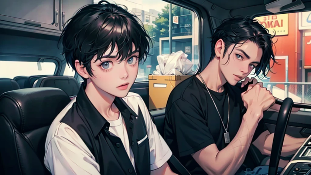 1 person : 1.3, Short black hair: 1.2, Casual wear: 1.2, Daytime: 1.2, on the road: 1.2, Cinema Lighting, Surrealism, Hmph, Accurate, Super Detail, Textured skin, Attention to detail, Highest quality, 8k,Light cargo delivery person