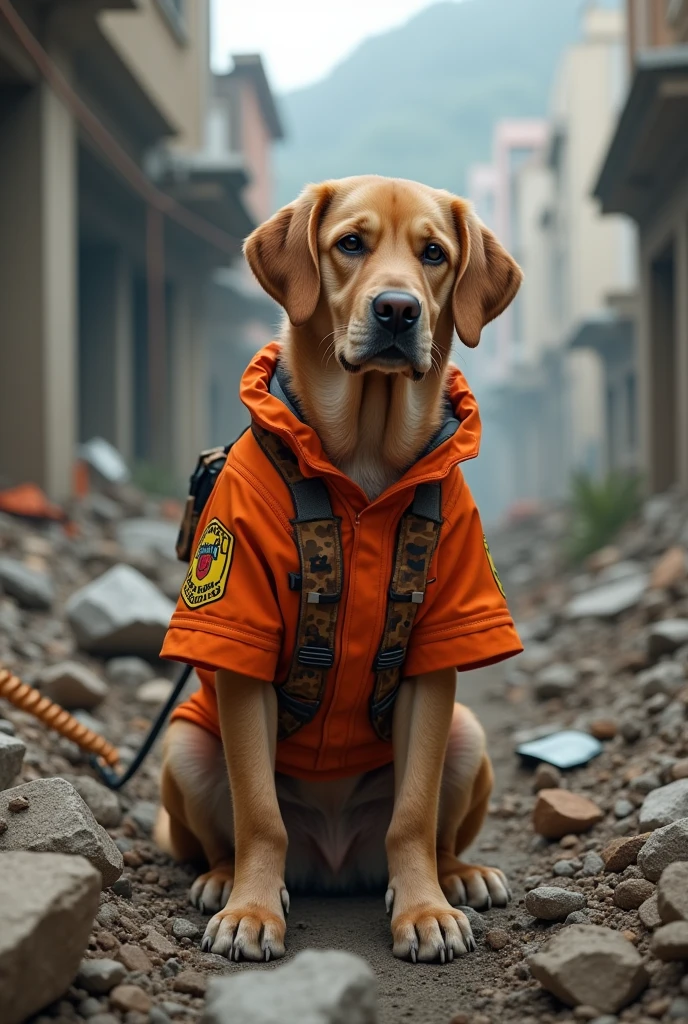 A Labrador dog, cor parda, wearing a Rio de Janeiro state fire department uniform, the uniform is orange with pixelated brown camouflage, This dog is sitting in the middle of the rubble of a building collapse, the dog acts in the search for people 