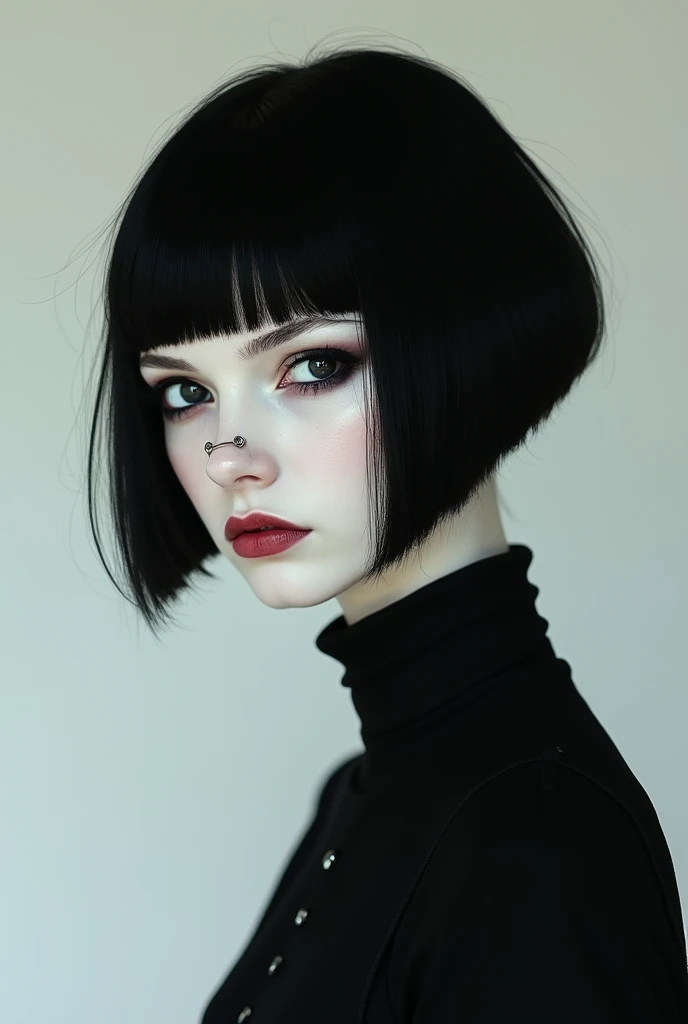 Tall woman with very white skin extremely black eyes and hair also straight hair short tomboy styles with eyebrow piercing and a thin face
