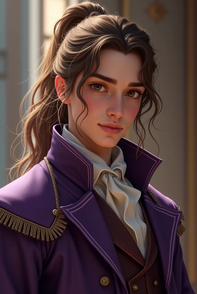 Bastiano da Mezzo is fantasy renaissance male character based on young orlando bloom in his 20s, brown eyes and very long very light brown hair, which is styled into high ponytail. Make him sweet and cute. He is wearing purple noblemans renaissance clothes. He is also master assassin of Venetian brotherhood, loving husband of Alessandra da Mezzo, who is also his childhood friend. He is cunning, intelligent, loves philosophy and history. Excellent nobleman, good fighter and exceotional thief and actor. Also loves to sing. 