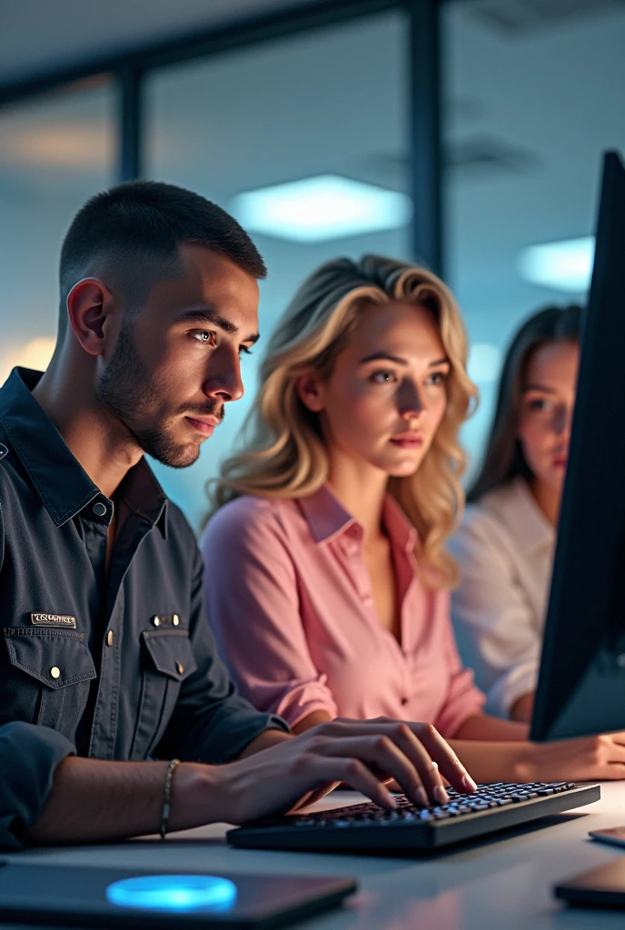 A guy with military hair using the computer, a blonde woman using her cell phone, and a brunette woman in a pink blouse with a light in her hand