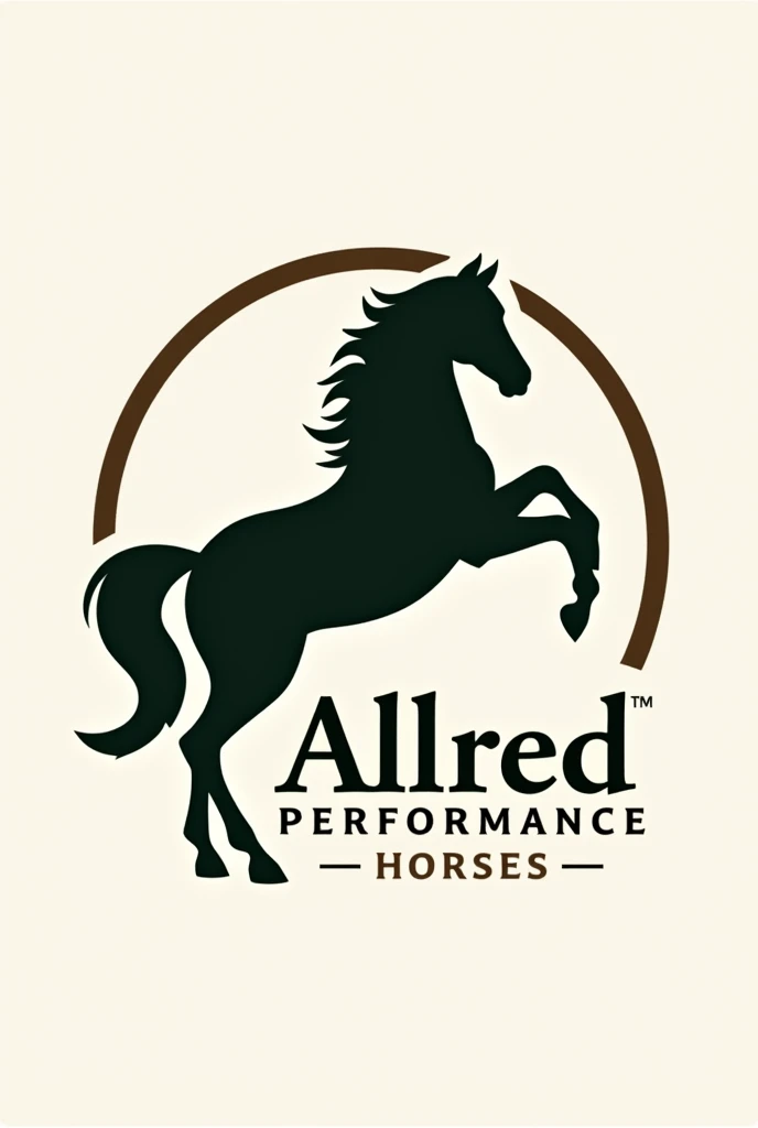 The logo should feature a sleek, elegant silhouette of a horse in motion, such as galloping or rearing up, to convey grace and strength. Include elements like a horseshoe, bridle, or riding whip to emphasize the training aspect. Use bold, elegant typography for the brand name 'Allred Performance Horses', with 'Performance' highlighted. The color scheme should include earthy tones like browns and greens, or bold colors like black and white. Design the layout to be dynamic and suitable for various mediums, such as social media, websites, and merchandise, with a circular or oval shape to evoke the feel of a horse arena or stable."