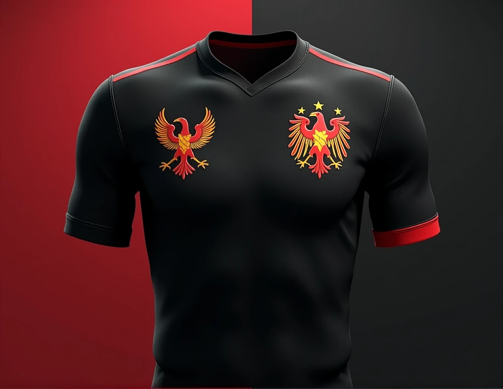 make a Belgium national team shirt for interclass make the front with the Belgium national team symbol and an eagle symbol also each of the symbols on the side of the chest. and the back must contain the name, number and class name below the number, shirt color black