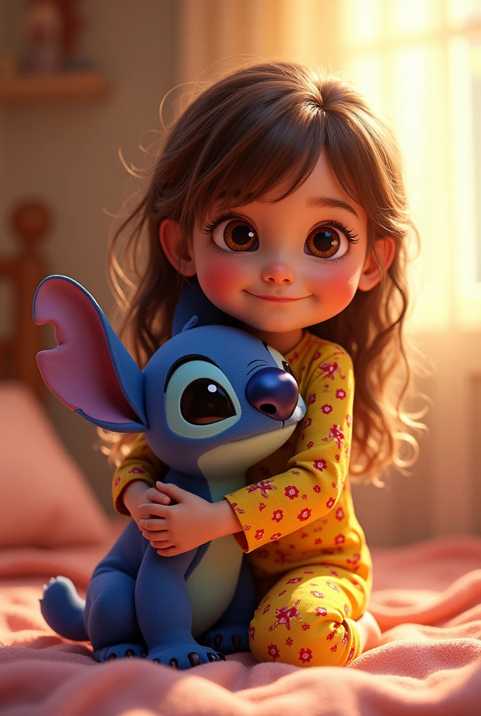 child with long brown blonde hair wearing joy pajamas from the movie inside out 2 holding Stitch the teddy bear from the movie Lilo and Stitch