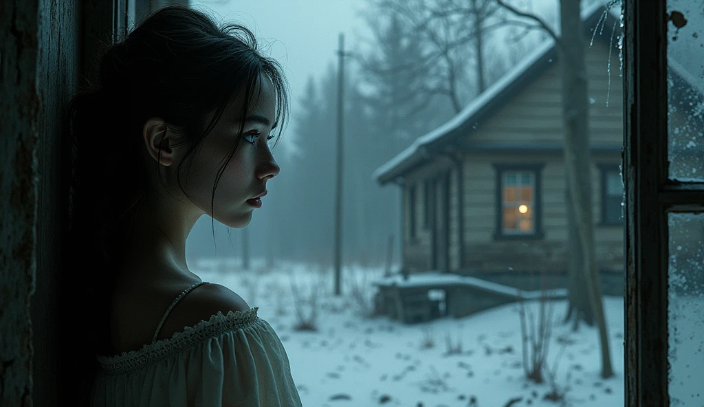 scary house in winter forest, beautiful girl sits looking out the window at the forest.