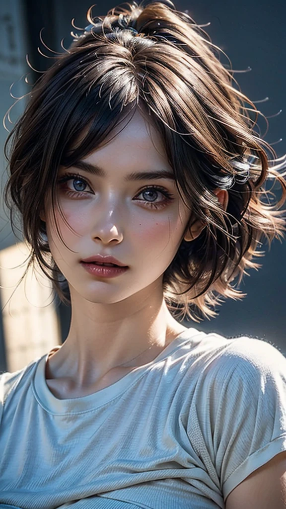 Dressed, (photo Realistic:1.2), (hyper Realistic:1.2), (Realistic:1.2),, (Smoother lighting:1.05), (Improving the lighting quality of movies:0.9), 32K,, One girl,20 years old, Realistic lighting, Backlight, Light on the face, Ray-tracing, (Bright light:1.2), (Improvement of quality:1.4),, (Highest Quality Real Texture Skins:1.4), Detailed drawn eyes, Detailed painted face, Quality Eyes,, (Tired, sleepy and satisfied:0.0), Face close-up, T-Shirts,, (Enhance the mood of your body line:1.1), (Enhances the beauty of skin texture:1.1)
