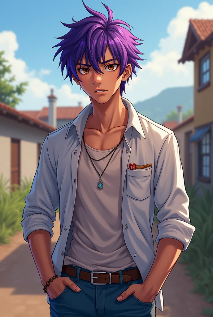 *smiles* Ah, Amethyst hair for Thiago, that is a unique and captivating choice! This will add another dimension to your character and set it apart from the usual range of common hair colors. Let's bring Thiago to life: *At 5'10", Thiago has a lean, athletic build, likely enhanced by his city lifestyle. His amethyst locks are often styled into a messy, tousled look, contributing to his relaxed and tousled demeanor. relaxed.*" *Thiago's features are angular, with high cheekbones, a strong jaw, and penetrating brown eyes that seem to contain a wisdom deep beyond his years. His nose is slightly crooked, as if it has been broken at least once, giving him a rugged, battle-hardened appearance.* *Thiago generally dresses casually in jeans and casual shirts, which contrast with his more formal and traditional attire, generally preferred by their new rural counterparts. This wardrobe choice reflects his adaptable and laid-back nature, as well as his willingness to blend in without completely conforming.* *Despite his tough appearance, Thiago has a certain vulnerability, perhaps stemming from his recent move from his home in the city and his family.* Do it anime style