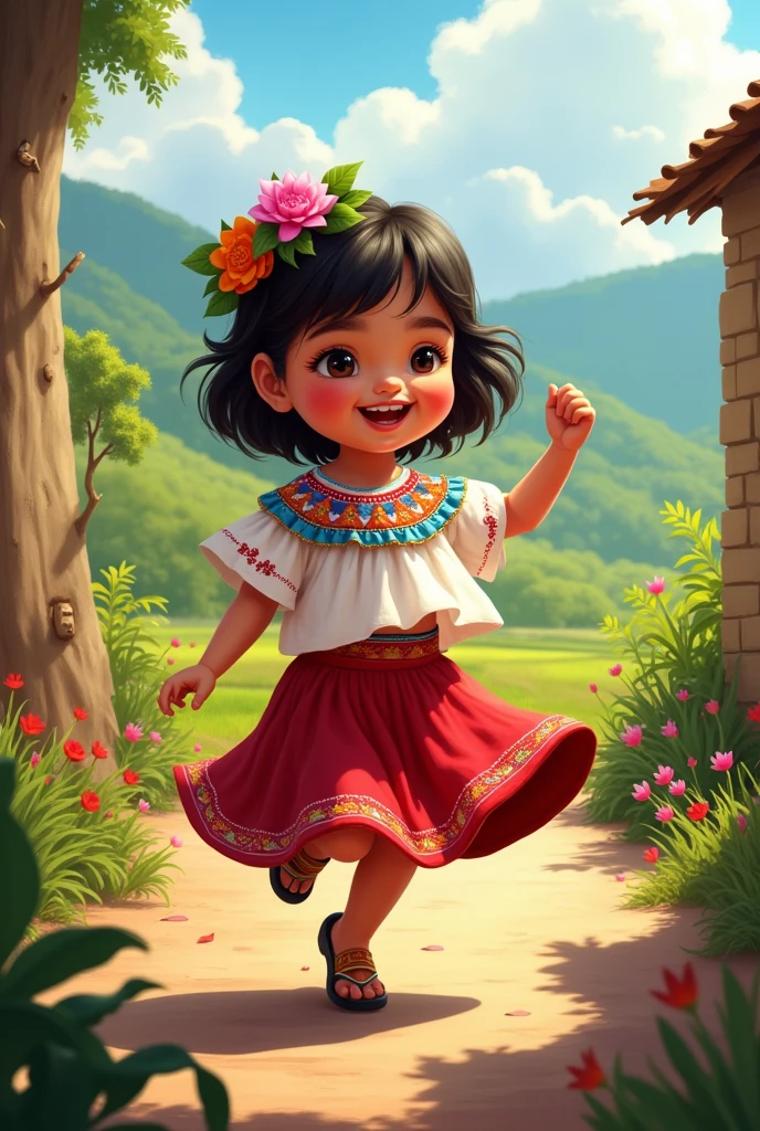 Drawing of a child in a Salvadoran peasant costume dancing 