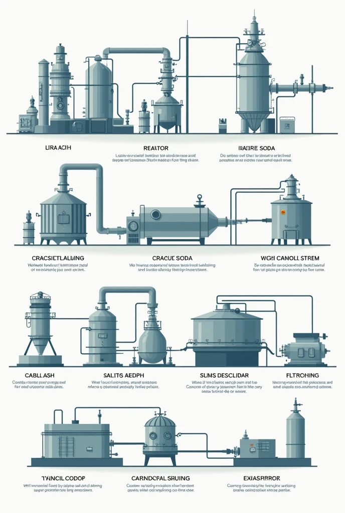 soda ash flowchart, calstic and chlorine welding indicating the name of each machine and what they are for