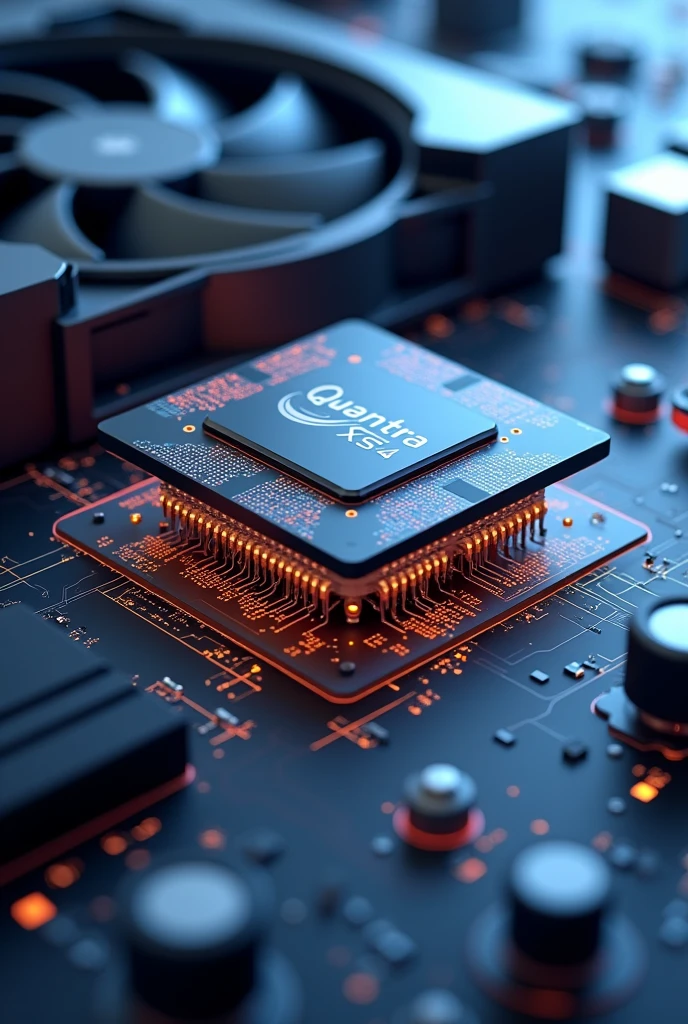 a detailed drawing of the micro transistor in 3D, on a motherboard, in the background there is a cooling fan ... There is a brand on it. Brand ‘QUANTRA XS4’