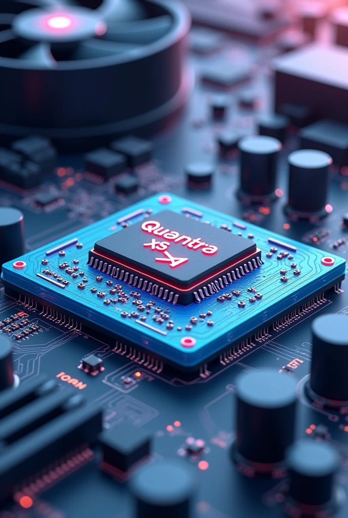 a detailed drawing of the micro transistor in 3D, on a motherboard, in the background there is a cooling fan ... There is a brand on it. Brand ‘QUANTRA XS4’