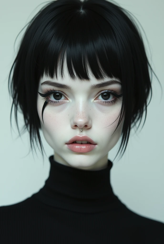 Tall woman with very white skin extremely black eyes and hair also straight hair short tomboy styles with eyebrow piercing and a thin face