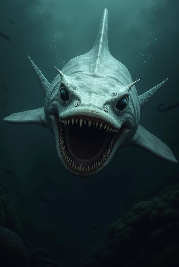 "A goblin shark with an elongated snout and razor-sharp teeth, swimming through a dark, mysterious deep-sea setting."