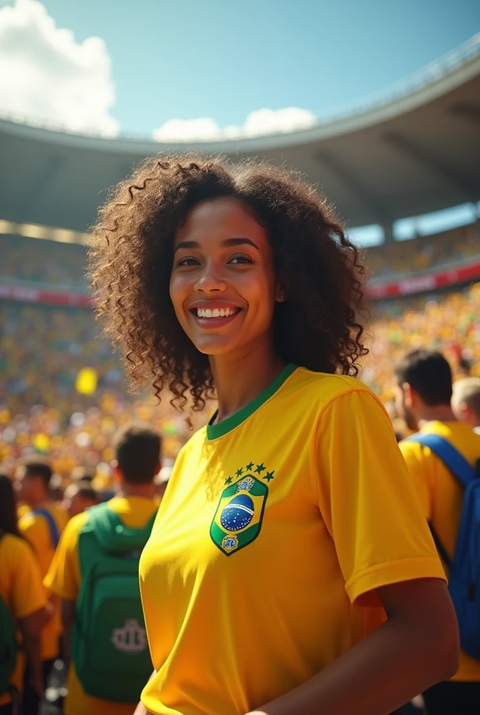 A Brazilian woman in a football stadium, wearing a Brazil t-shirt, showing her natural charm and outgoing personality