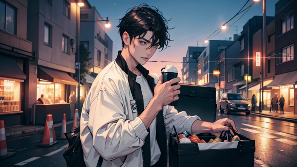 1 person : 1.3, Short black hair: 1.2, Casual wear: 1.2, Daytime: 1.2, on the road: 1.2, Cinema Lighting, Surrealism, Hmph, Accurate, Super Detail, Textured skin, Attention to detail, Highest quality, 8k,Light cargo delivery person