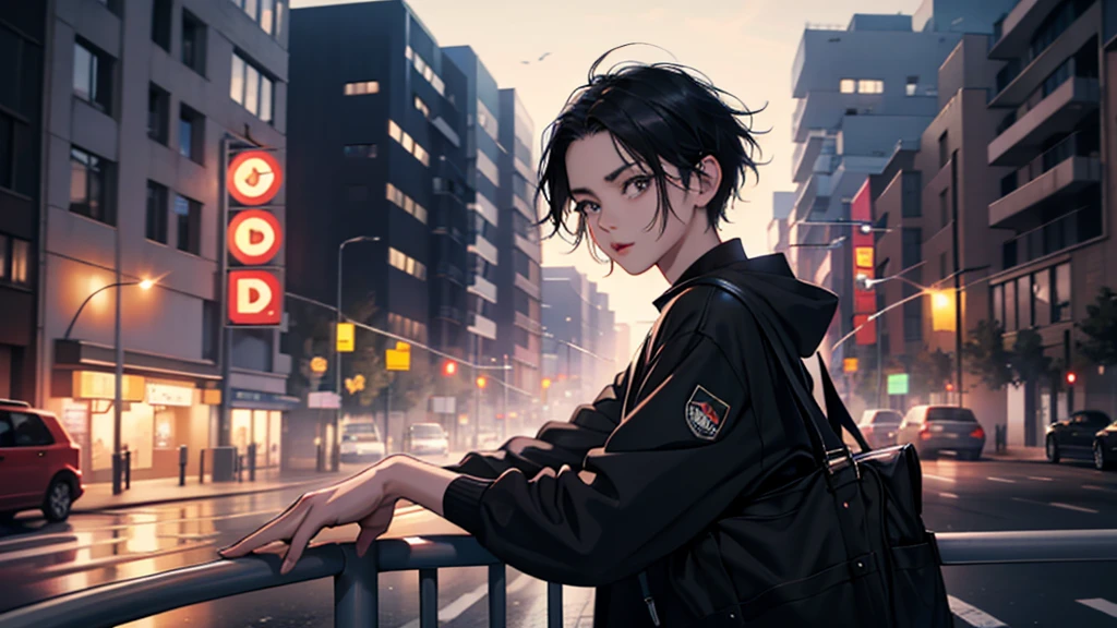 1 person : 1.3, Short black hair: 1.2, Casual wear: 1.2, Daytime: 1.2, on the road: 1.2, Cinema Lighting, Surrealism, Hmph, Accurate, Super Detail, Textured skin, Attention to detail, Highest quality, 8k,Light cargo delivery person