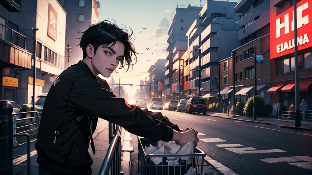 1 person : 1.3, Short black hair: 1.2, Casual wear: 1.2, Daytime: 1.2, on the road: 1.2, Cinema Lighting, Surrealism, Hmph, Accurate, Super Detail, Textured skin, Attention to detail, Highest quality, 8k,Light cargo delivery person