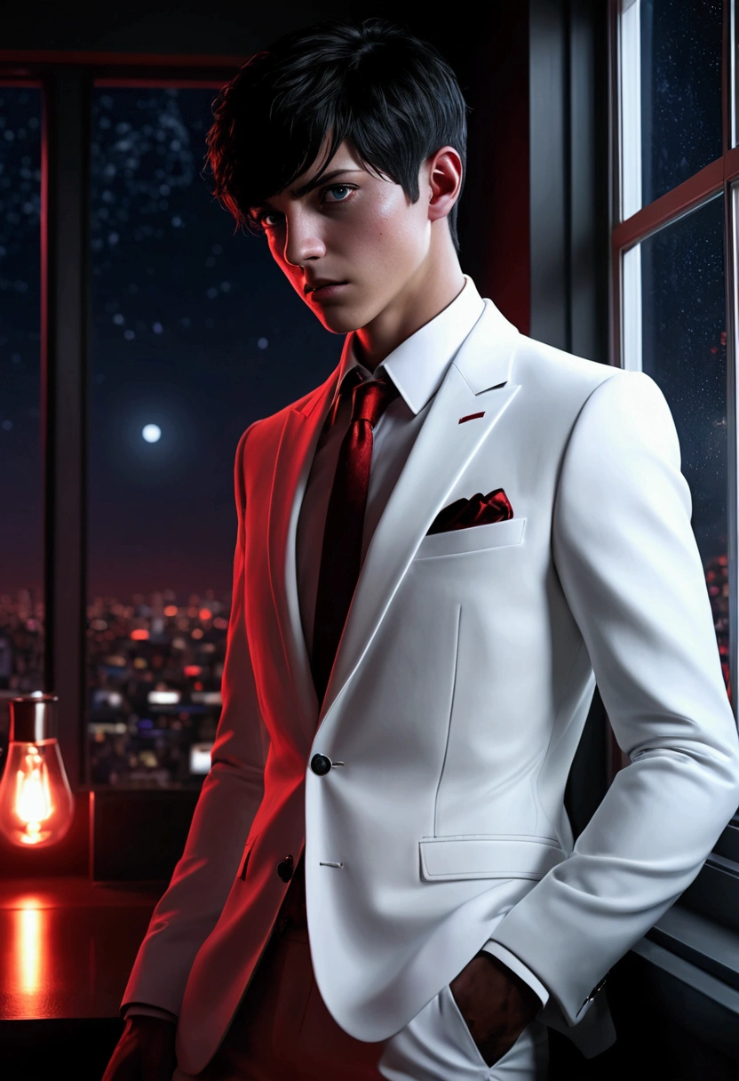 night, Pitch black, By the window, a handsomeboy, White suit, panic, Energy flow, Red Moonlight, black eyes, Facial Ultra Detail, Black short hair, Facial Ultra Detail, Highly realistic, 4K, Chiaroscuro, Ultra-high detail