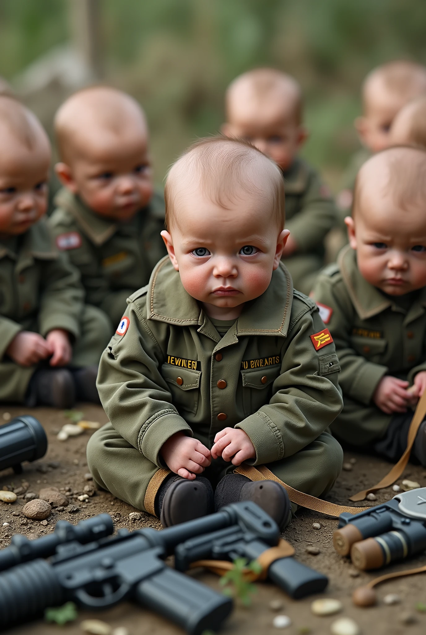 Cute newborn baby with serious face like army soldier with many serious newborns wearing army clothes gathering on the ground folding parachutes with weapons and guns in real life real