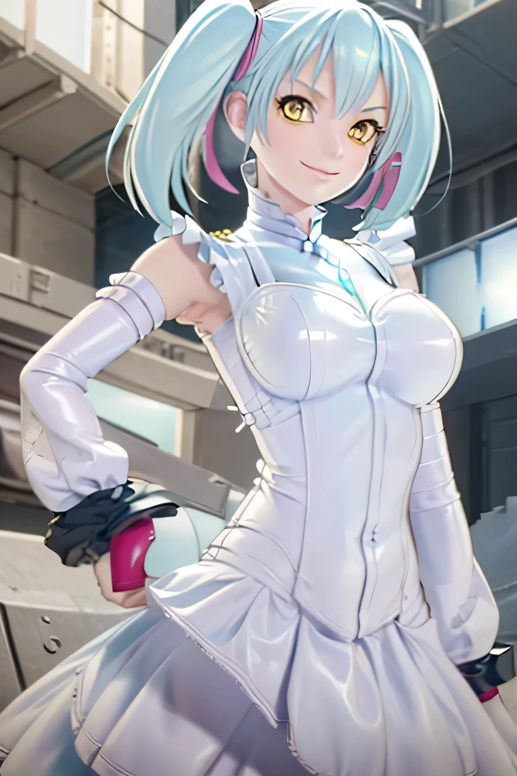 Perfect Anatomy　Highest quality,Highest Resolution,(((White latex dress　Light blue hair)))　[blurry]　16K　Removable sleeves　Sleeveless dress　Yellow Eyes　Advance Wars Tabitha　Wicked Smile