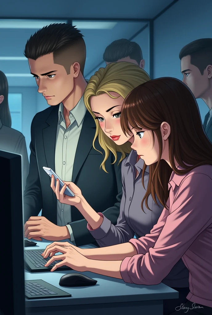 A guy with military hair using the computer, a blonde woman using her cell phone, and a brunette woman in a pink blouse with a light in her hand, one leaning against the other's back