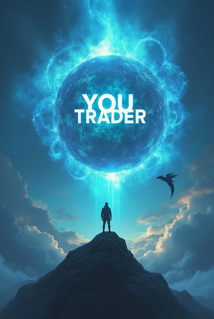 Universe nebula with massive sphere in the blue center with the word YOU TRADER in the center of the sphere and blue rays coming out of the sphere and with a man looking up ,on top of a mountain and sphere exploding with a lot of energy and with a Dragon flying