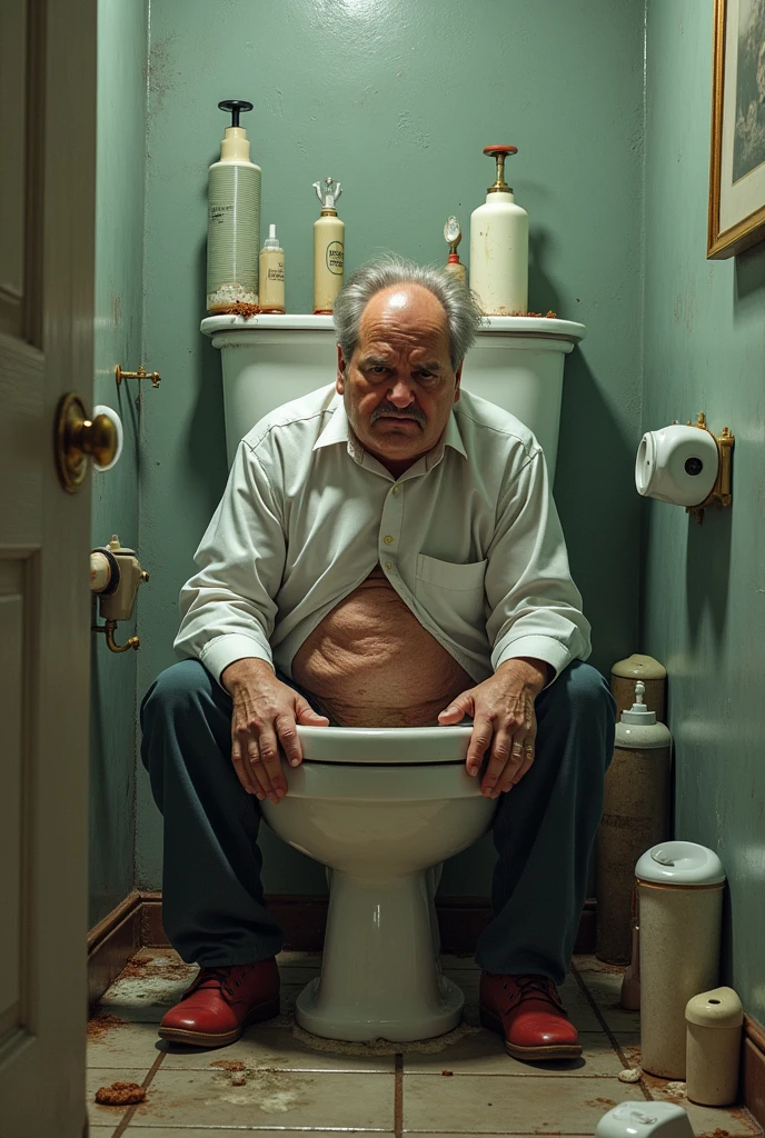 Douglas having diarrhea while the toilet is destroyed