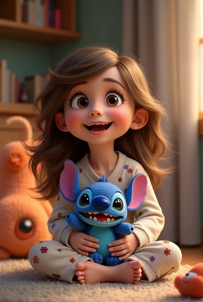  child with long brown blonde hair in pajamas and toys from the movie Inside Out 2 holding Stitch the teddy bear from the movie Lilo and Stitch 