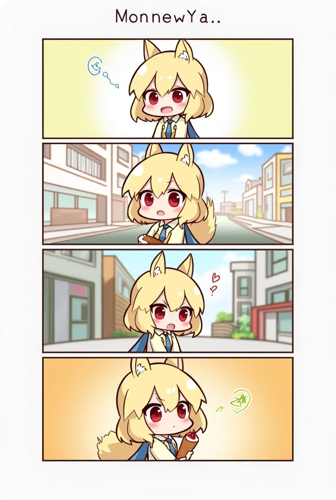4-panel mini comic with animated character. In frame 1 the character is bored because it&#39;s Monday, In vignette 2 the pensive character thinks about joy and happiness, In vignette 3 the character has an idea represented as a light bulb and in vignette 4 he is walking relaxed and happy down the street eating a churro.
