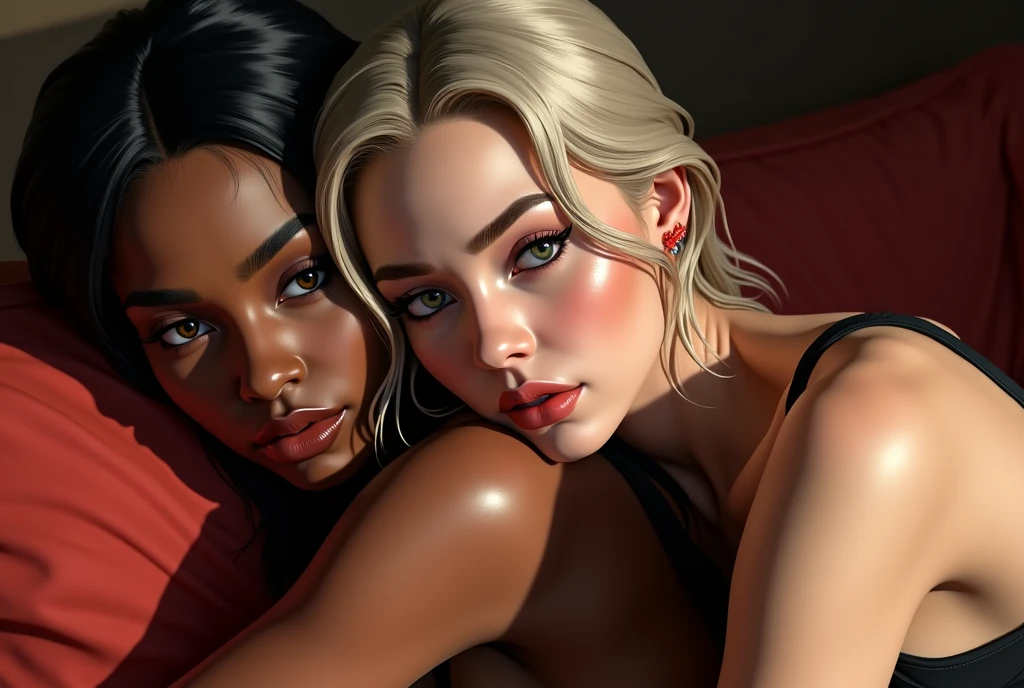 interracial lesbians, white skinned woman in black skinned woman's embrace, both naked, they are looking at each other (studying each other's content faces), their lips, hair and bodies are wet, the wet hair is clinging to the body, they are under the table, the white skinned woman's hair is Sleek Middle Part Hair look, reduce illumination from top, add illumination from a 360 view from horizon, sexual pose, realistic style, first sex fanart, realism artstyle, realistic artstyle, hyperrealistic teen, high quality fanart, artwork, conversing, 8k, realistic art style, passionate sexy pose, detailed realistic expressions, realistic picture, lesbian experience, making love, the woman off center is bound big bone indian american woman, kiss marks with faint lipstick and faint mascara color rub-off smeared on one another's skin,