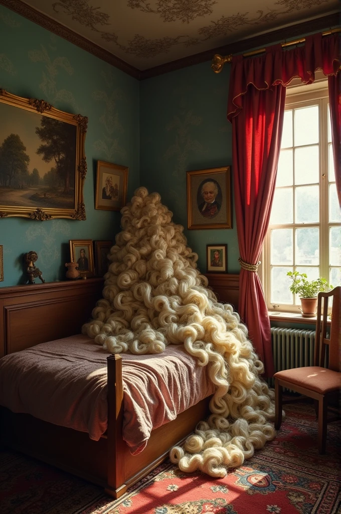 ((best quality)), ((masterpiece)), (detailed), Grandma's bedroom with large pile of wigs