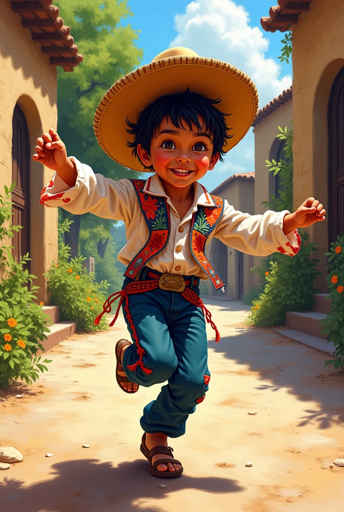 Drawing of a male child in a Salvadoran peasant costume dancing
