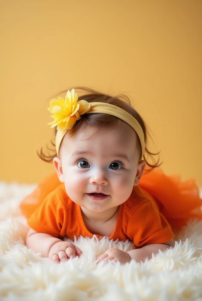 The image shows a baby lying face down on a soft surface, looking directly at the camera. The baby has a curious expression and is wearing a hairband decorated with yellow flowers, in addition to a bright orange dress or outfit. The baby's hands are resting on the surface, and he appears to be in a bright environment, com um fundo neutro.