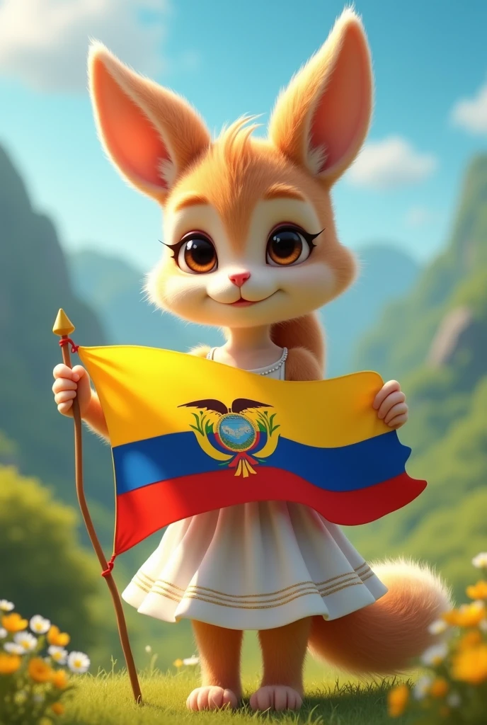 A furry girl holding the flag of Ecuador, She is wearing a white dress with gold lines