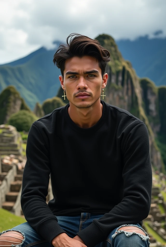 (photorealism:1.2), (8k), (high quality) (detailed), (photorealism:1.2), (8k) (detailed) (Whole body)(man) facial features: Square face with a marked jaw, prominent cheekbones and thick, dark eyebrows. Adds youth to your appearance.hair: hair oscuro, usually combed back or styled slightly tousled, which can vary between short and medium.eyes: eyes verdes oscuros, with a penetrating look that expresses confidence, with cross-shaped hoops on each side.Complexion: slim and well defined. Height 1.80, which gives it an imposing presence.style: Your style of dress: chompa negra, ripped jean pants.Skin tone: Skin tone bronceado, typical of the Mediterranean.Expression: He usually has a serious or concentrated expression., Although he can display a charming and confident smile.(sitting behind Machi Pichu).