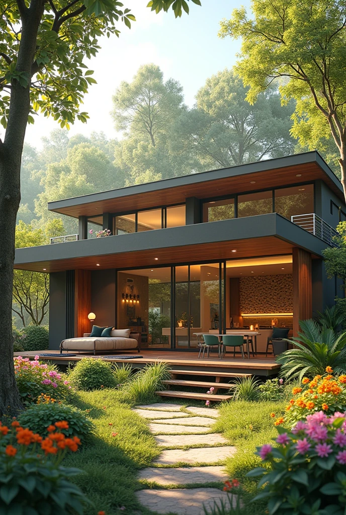 I want to create an ideal house that is a cozy and modern box located in a quiet place, a beautiful garden with flowers, trees and lots of nature, where the sun shines through the large windows, illuminating and warming the living room, where I can sit on a sofa, read a book with my family, enjoying a cup of coffee, and my ideal kitchen has many appliances, including a stove, refrigerator, and more, to cook many recipes. My dining room is a table $10 in white and above all comfortable places and I imagine with lots of food and air conditioning