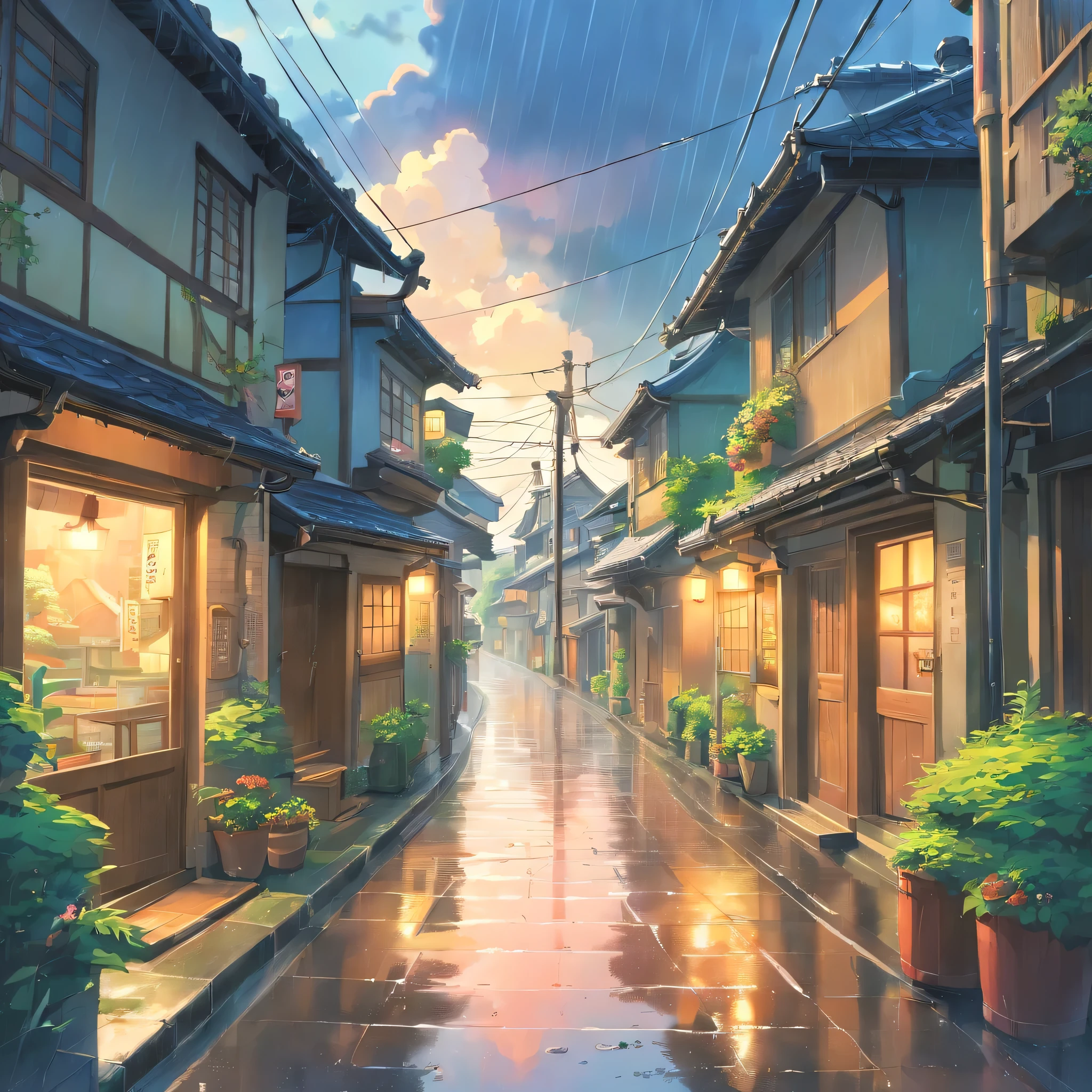 in the rain、Cloudy、heavy rain、high resolution、Cloudy、Photorealistic Stick、Calm down、Japan townscape、Electric pole、A little bit of nature、Paved roads、Emotional、Countryside view、panorama、Wide angle、scenery、rain、garden、Public phone、post、ズームアウト✕2、garden、