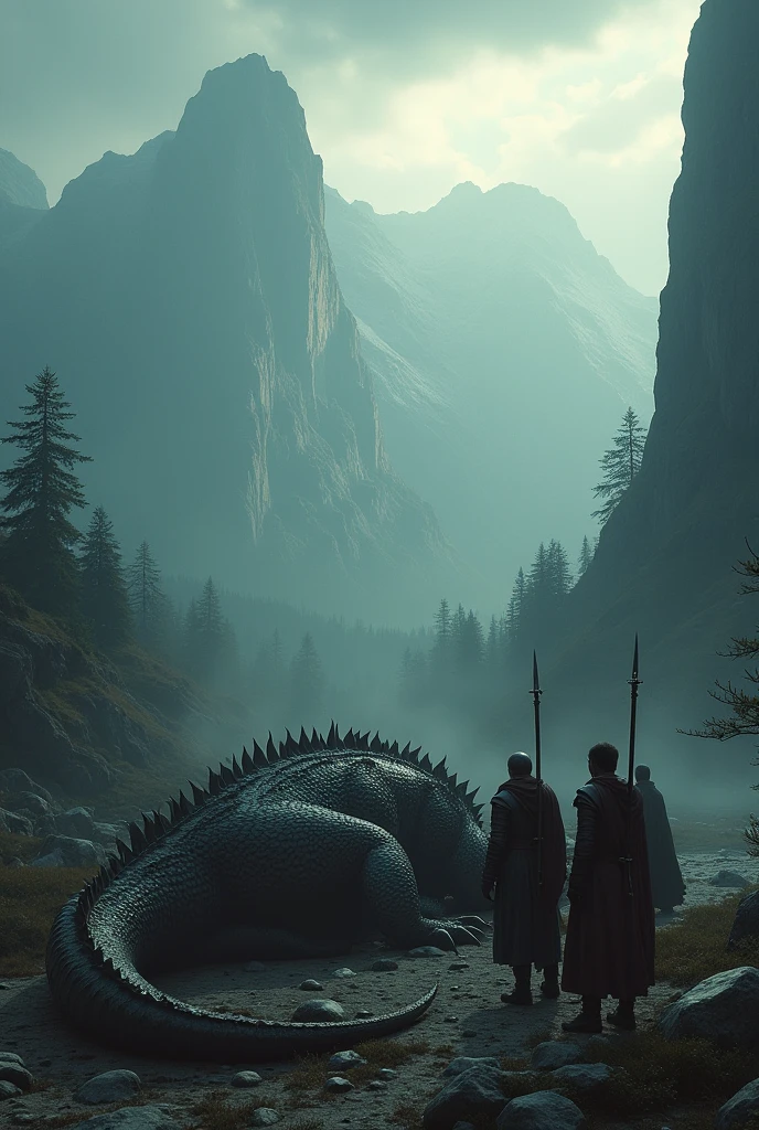 a dragon slain by dragon hunters, detailed fantasy scene, dragon , dragon hunters with weapons, medieval fantasy landscape, moody lighting, cinematic composition, epic scale, dramatic atmosphere, highly detailed, photorealistic, 8k, masterpiece