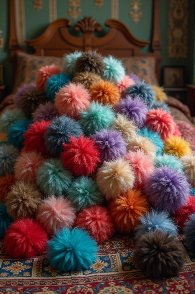((best quality)), ((masterpiece)), (detailed), Grandma's bedroom with large pile of different colored wigs