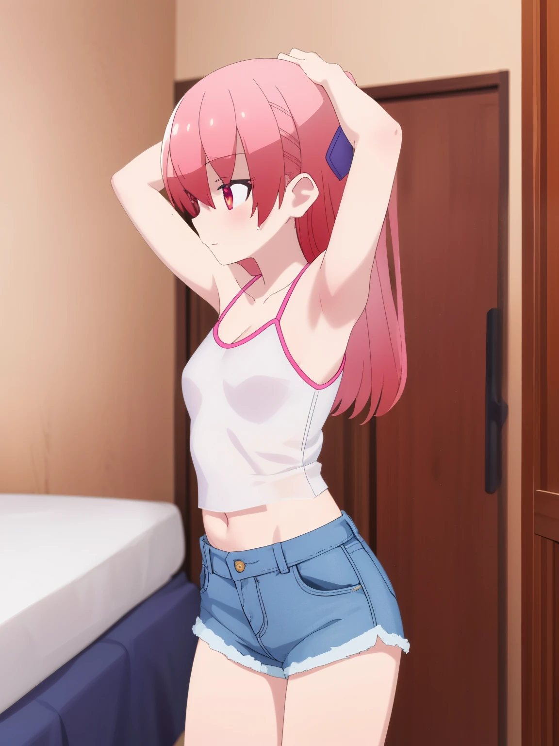 (masterpiece), Highest quality, Expressive eyes, Perfect Face (Blue Denim Micro Shorts), One person, ((Vacant room)), Cleavage, See through, good, Sweaty, Oily, Profile photo, luck_no_i-min style, Tsukasa, Place your hands behind your head, I can see the ribcage, Detailed abdomen, Underarm, Soft Light, The Graciousness of God,  (Perfect hands, Perfect ???????), 