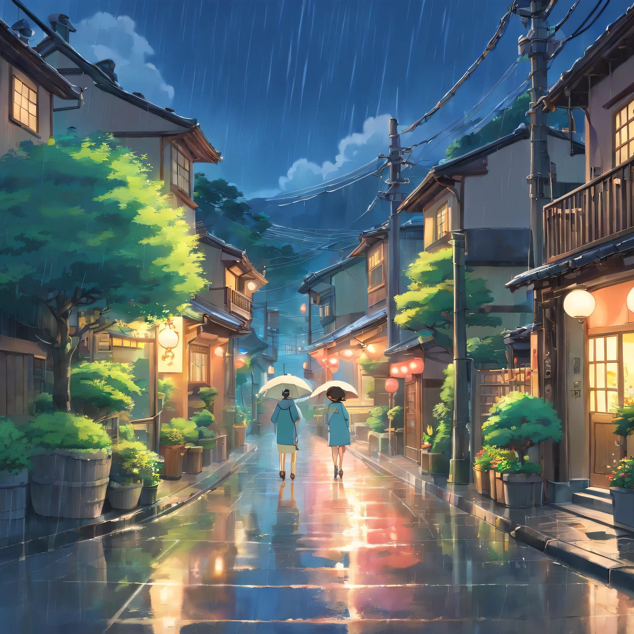 in the rain、Cloudy、heavy rain、high resolution、Cloudy、Photorealistic Stick、Calm down、Japan townscape、Electric pole、A little bit of nature、Paved roads、Emotional、Countryside view、panorama、Wide angle、scenery、rain、garden、Public phone、post、ズームアウト✕2、garden、