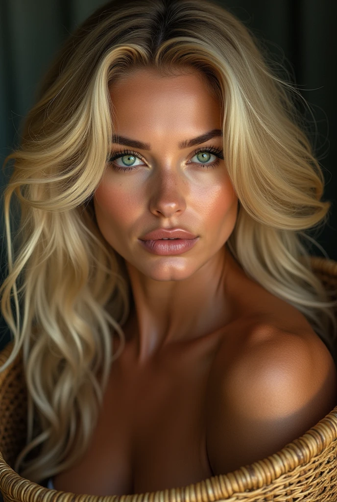 Create a very beautiful and sexy blonde pose with sexy green eyes for her..same basket as a superhero