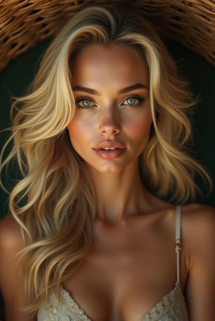 Create a very beautiful and sexy blonde pose with sexy green eyes for her..same basket as a superhero