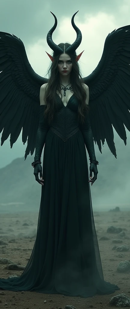 realistic elf woman, her dark wings spread wide and small horns adorning her head. Her aura is intense, emitting powerful emotions that contrast with the surrounding shadows. The desolate landscape, featuring barren land and a menacing stormy sky, underscores her isolation. The woman's gaze, filled with sadness and despair, pierces the viewer, capturing her internal struggle and the emotions she embodies. The vibrant colors and stark contrasts create a striking atmosphere of emptiness, anguish, depression, and darkness, resulting in a captivating and thought-provoking image that deeply resonates with the viewer.