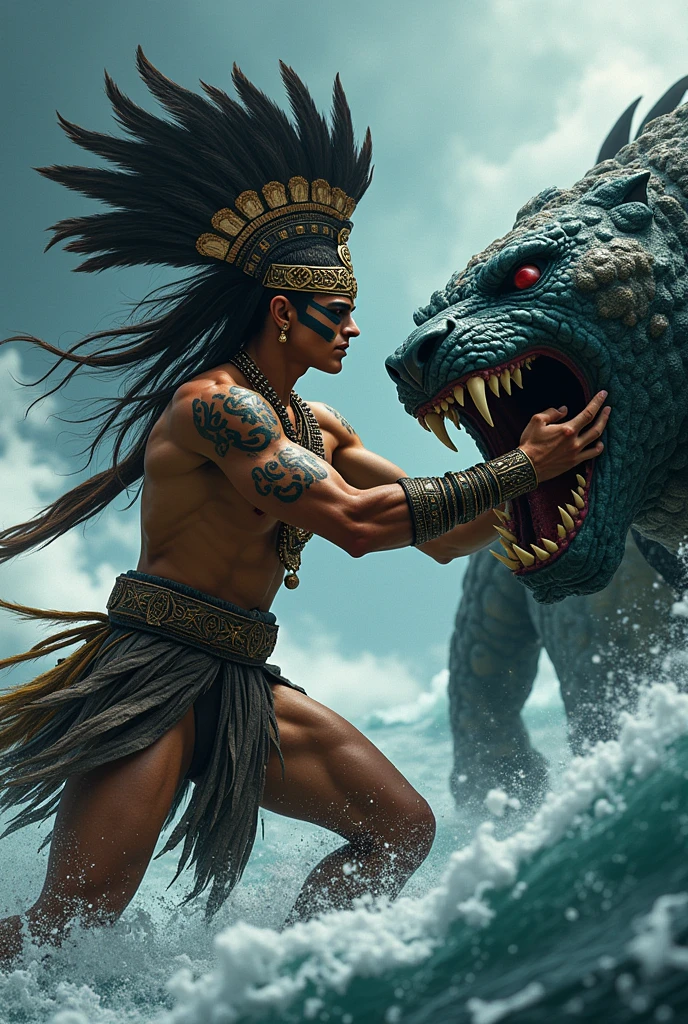 realistic photographic image of the god Tezcatlipoca, Aztec warrior clothing, face of a pre-Hispanic warrior with a black stripe in the eyes, skin painted with black spots like a jaguar, fighting a sea monster with sharp teeth