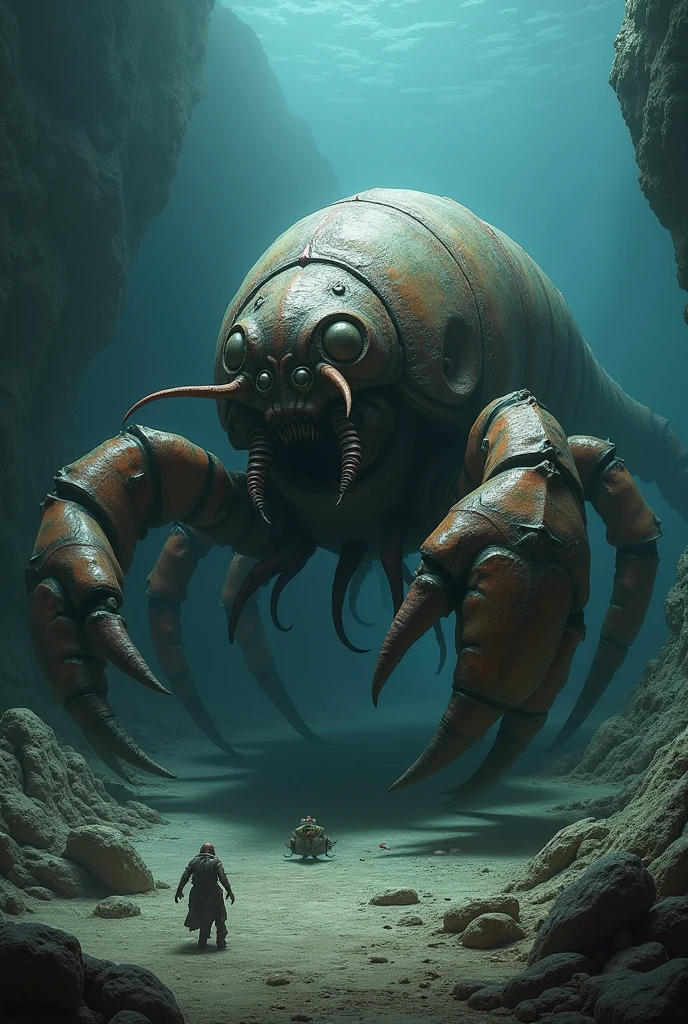 A giant isopod with a hard exoskeleton and sharp legs, crawling along a rocky, dark seafloor."