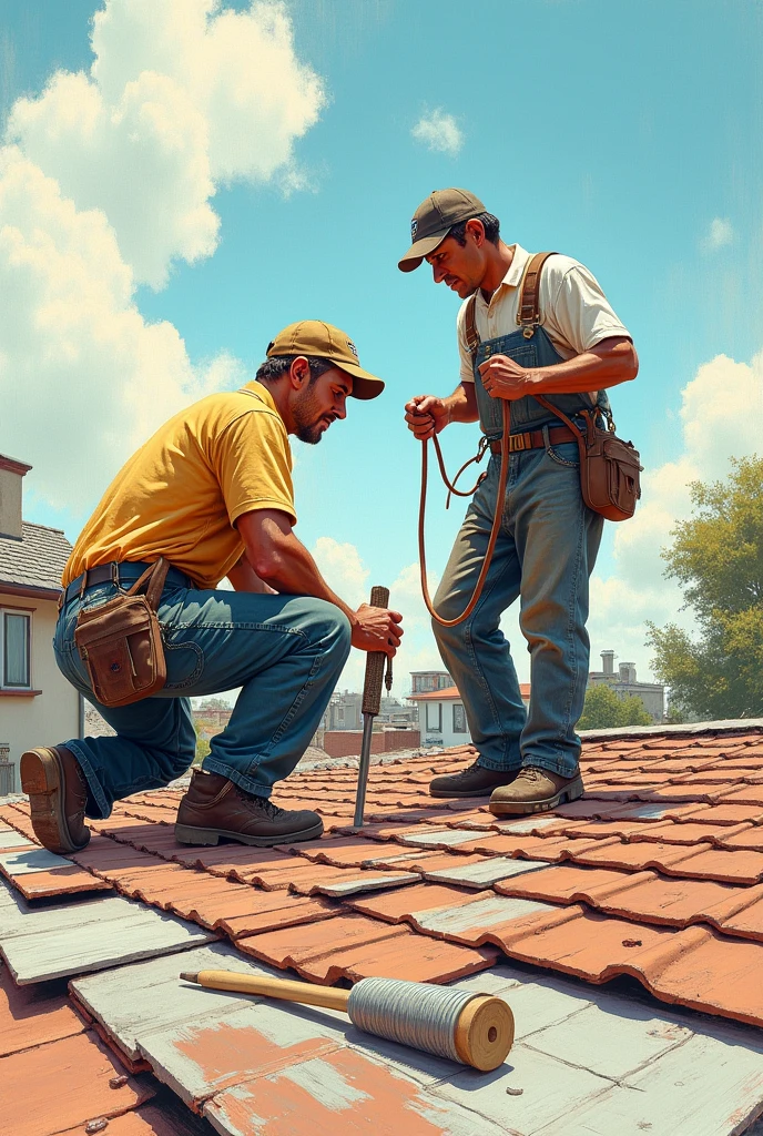 drawn in the form of a colored drawing, two men working on a roof